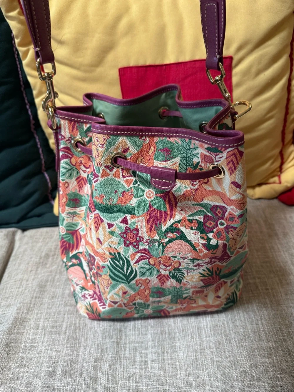 Dooney & Bourke Lion King Pink Purple Multicolor Floral Drawstring Shoulder Bag
